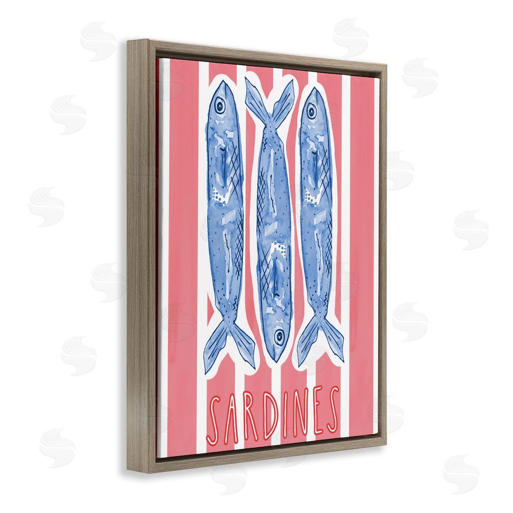 Nola James Americana Sardines on Pink Stripes Brown Floating Frame Stretched Canvas Wall Art Print