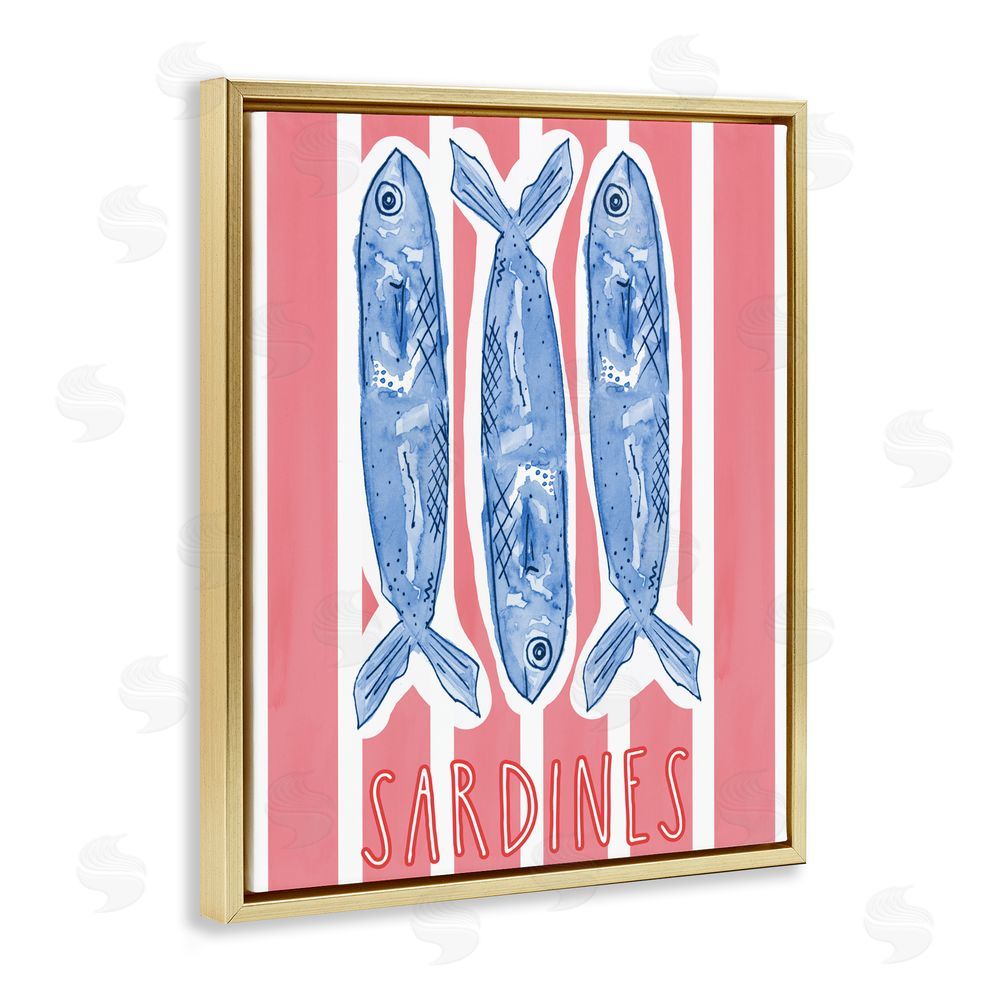 Nola James Americana Sardines on Pink Stripes Gold Floating Frame Stretched Canvas Wall Art Print