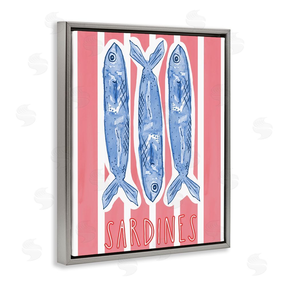 Nola James Americana Sardines on Pink Stripes Gray Floating Frame Stretched Canvas Wall Art Print