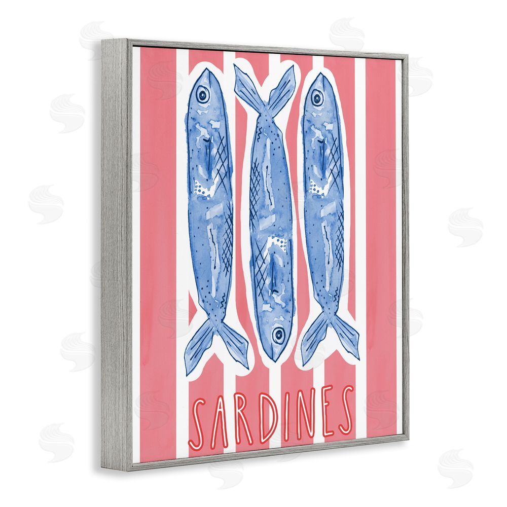 Nola James Americana Sardines on Pink Stripes Gray Framed Giclee Wall Art Print