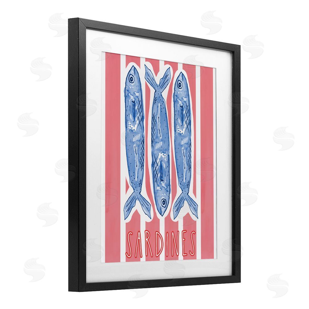 Nola James Americana Sardines on Pink Stripes Black Framed Print Under Glass with Matting Wall Art