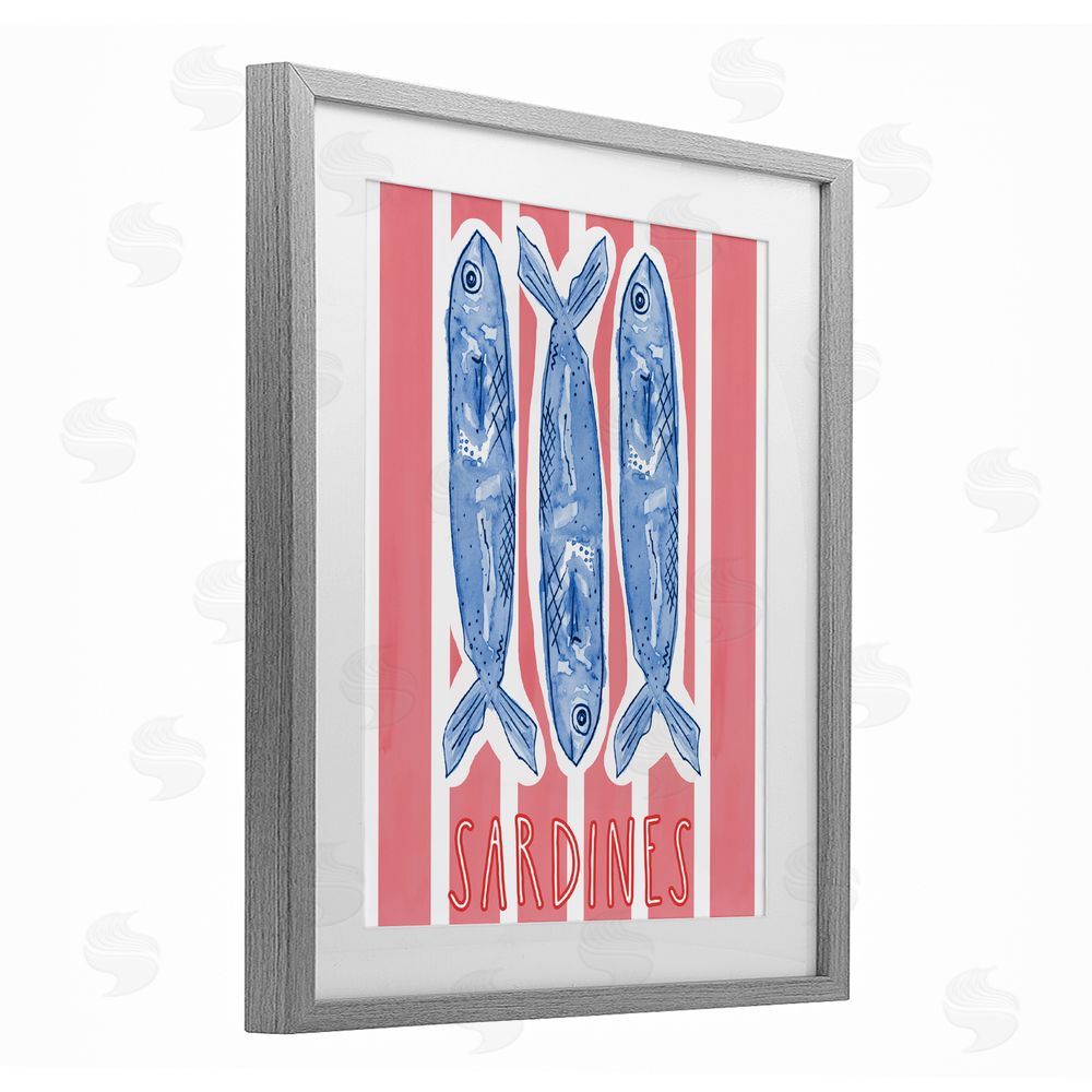 Nola James Americana Sardines on Pink Stripes Gray Framed Print Under Glass with Matting Wall Art