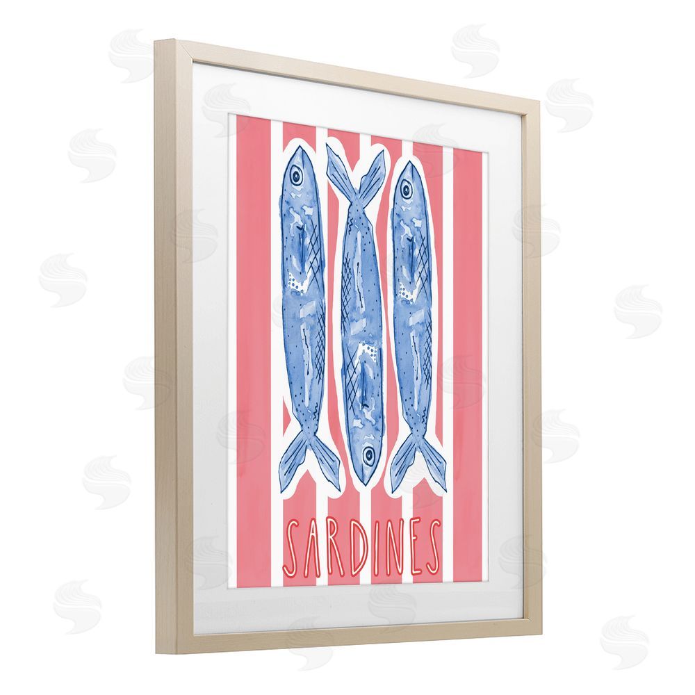 Nola James Americana Sardines on Pink Stripes Brown Framed Print Under Glass with Matting Wall Art