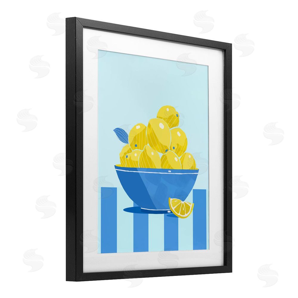 Lucca Sheppard Yellow Lemon Bowl Striped Black Framed Print Under Glass with White Mat Wall Art