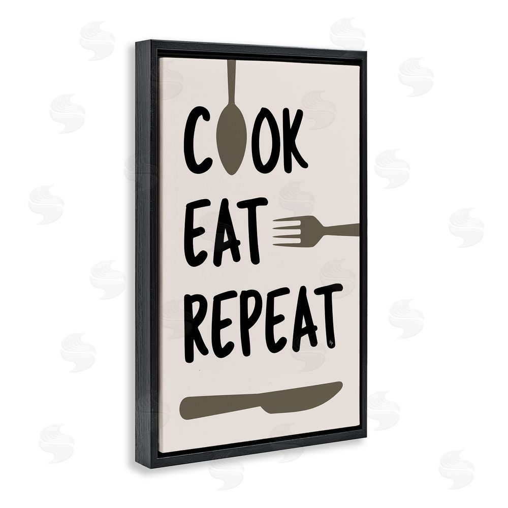 Martina Pavlova Cook Eat Repeat with Utensils Black Floating Frame Canvas Wall Art Print