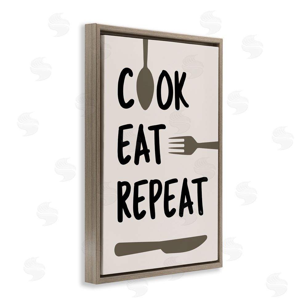 Martina Pavlova Cook Eat Repeat with Utensils Brown Floating Frame Canvas Wall Art Print