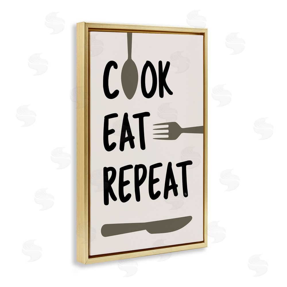 Martina Pavlova Cook Eat Repeat with Utensils Gold Floating Frame Canvas Wall Art Print