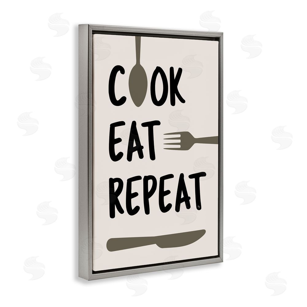 Martina Pavlova Cook Eat Repeat with Utensils Gray Floating Frame Canvas Wall Art Print