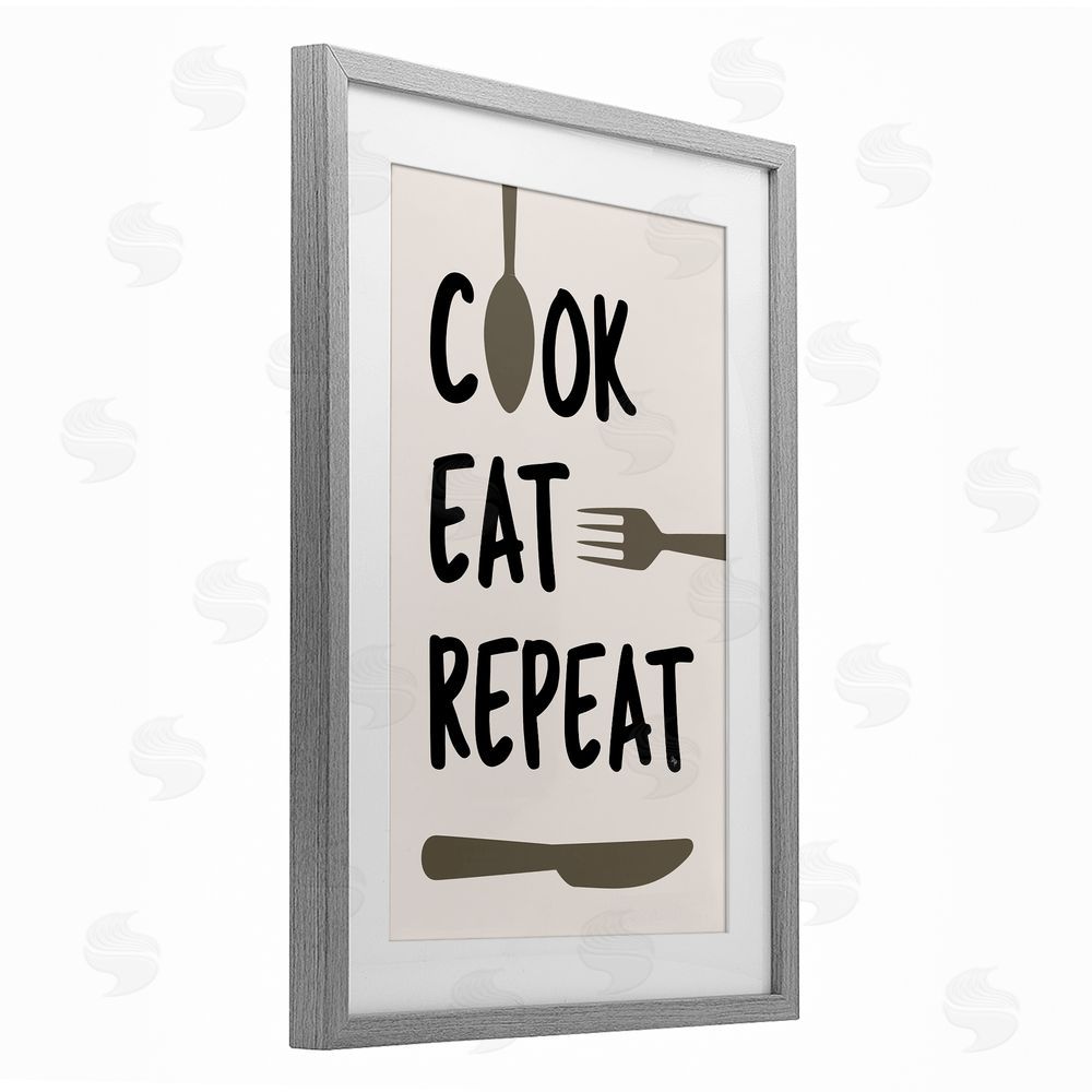 Martina Pavlova Cook Eat Repeat with Utensils Gray Framed Print Under Glass Wall Art