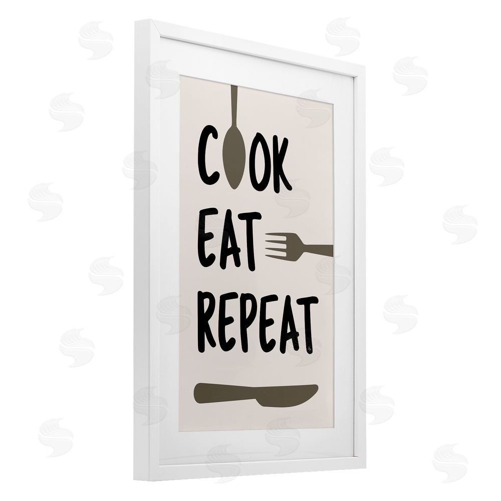 Martina Pavlova Cook Eat Repeat with Utensils White Framed Print Under Glass Wall Art
