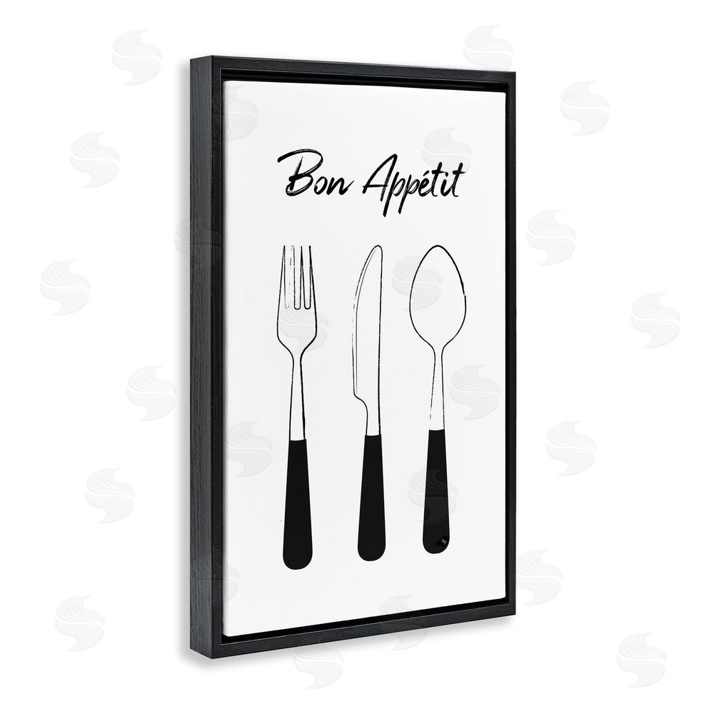 Martina Pavlova Bon Appetit Fork Knife Spoon Black Floating Frame Stretched Canvas Wall Art Print