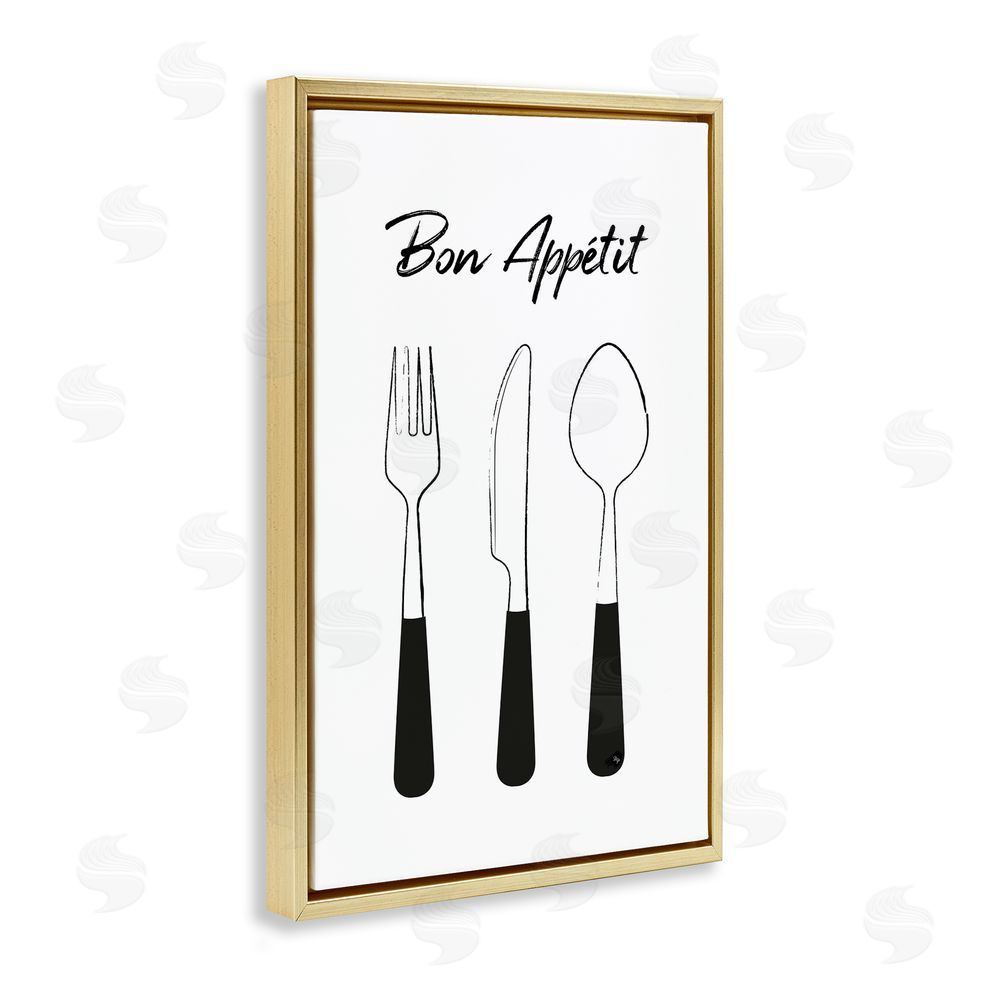 Martina Pavlova Bon Appetit Fork Knife Spoon Gold Floating Frame Stretched Canvas Wall Art Print