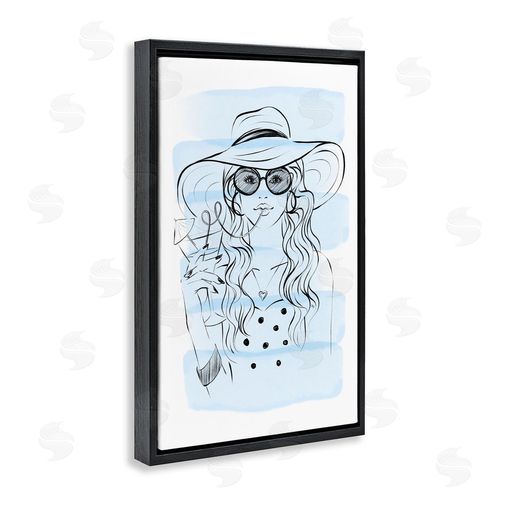 Martina Pavlova Sipping Drink Girl in Sun Hat Black Floating Framed Canvas Wall Art Print