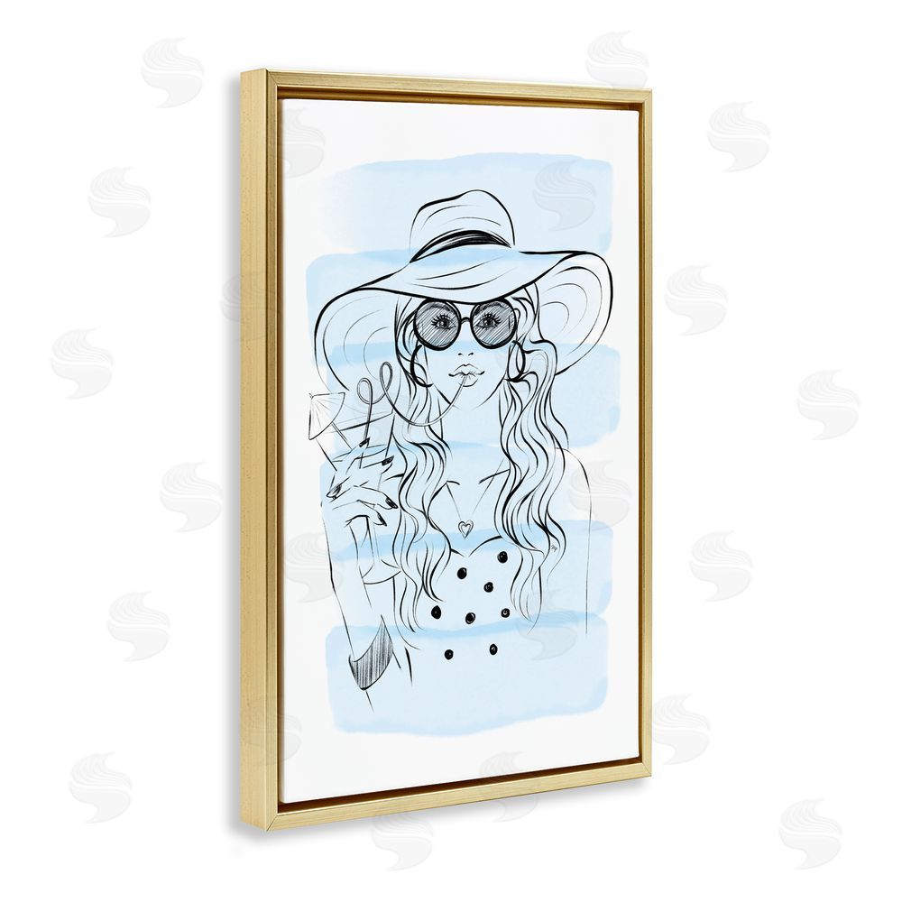Martina Pavlova Sipping Drink Girl in Sun Hat Gold Floating Framed Canvas Wall Art Print