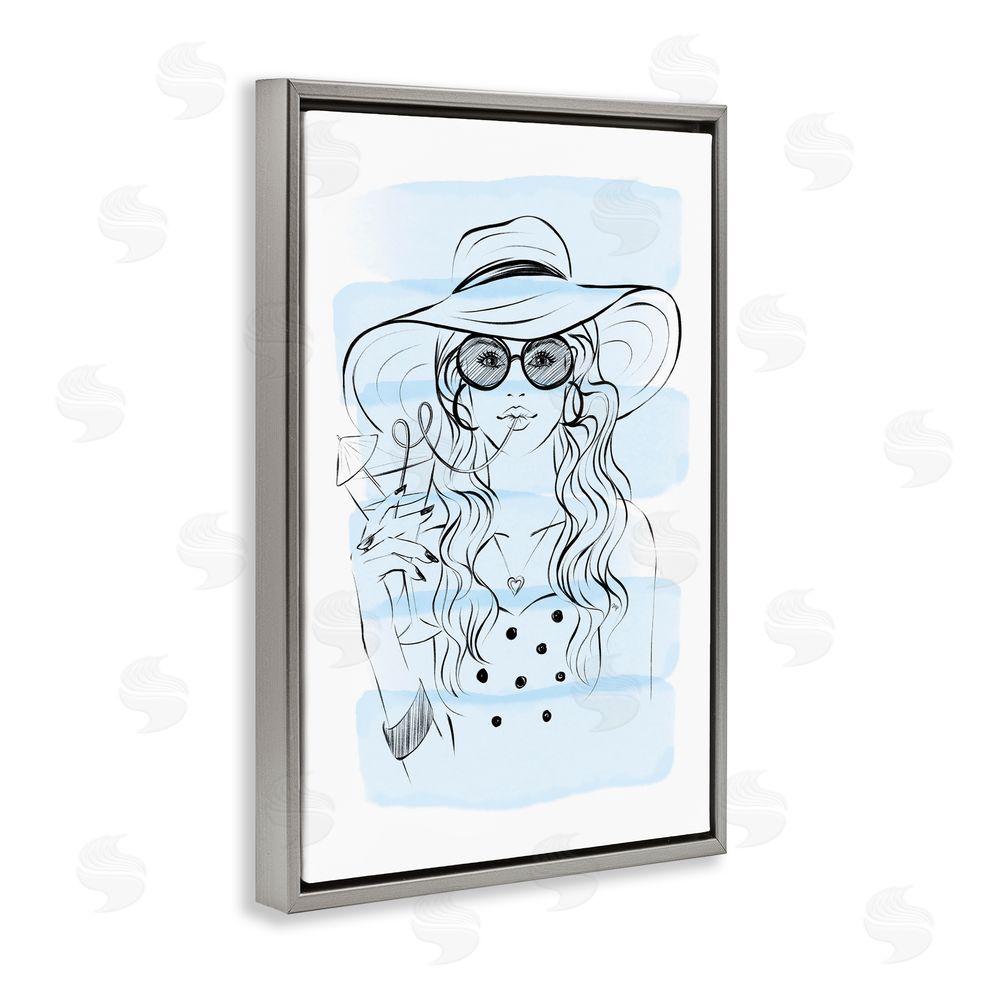 Martina Pavlova Sipping Drink Girl in Sun Hat Gray Floating Framed Canvas Wall Art Print