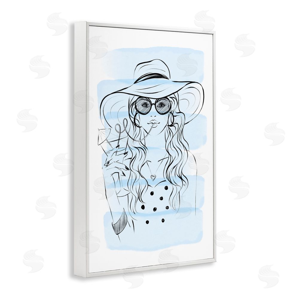 Martina Pavlova Sipping Drink Girl in Sun Hat White Framed Giclee Wall Art Print