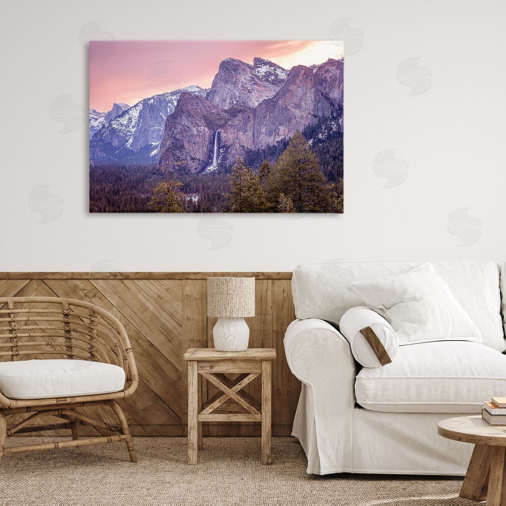 Shelley Carlisle Majestic Mountain Waterfall Sunset Stretched Canvas Wall Art in Room
