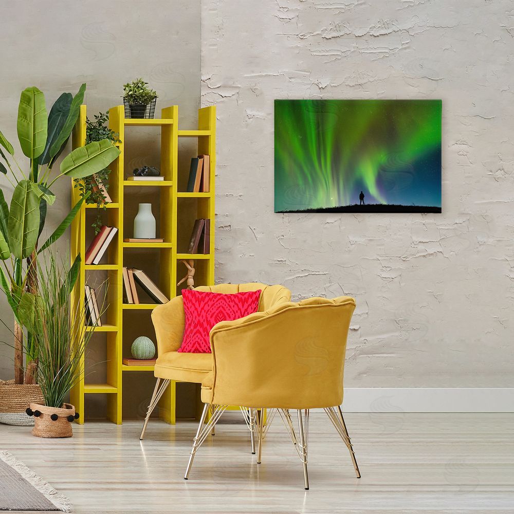Shelley Carlisle Envelop Northern Lights Silhouette Stretched Canvas Wall Art in Room