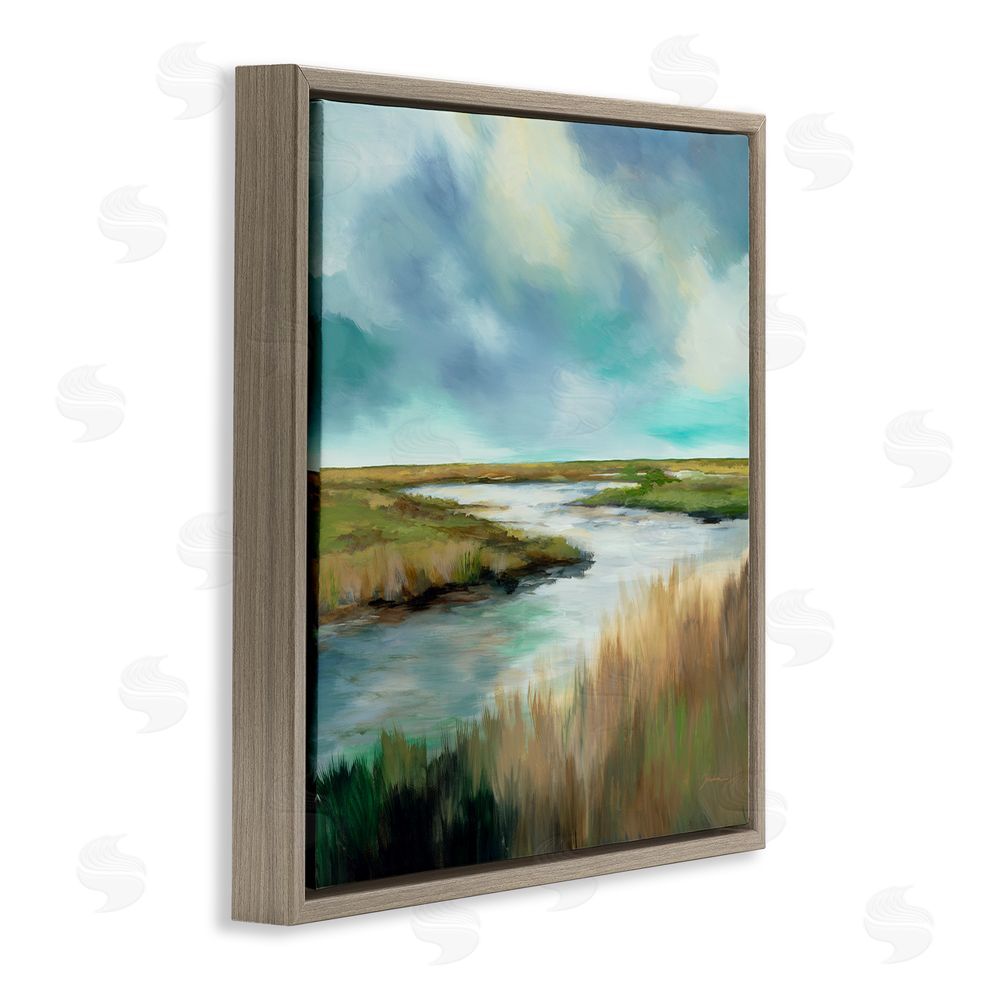 Liz Jardine Tranquil Meadow and Wetlands Brown Floating Framed Canvas Wall Art Print