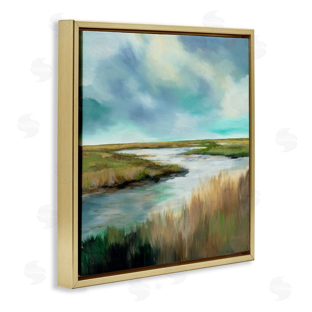 Liz Jardine Tranquil Meadow and Wetlands Gold Floating Framed Canvas Wall Art Print