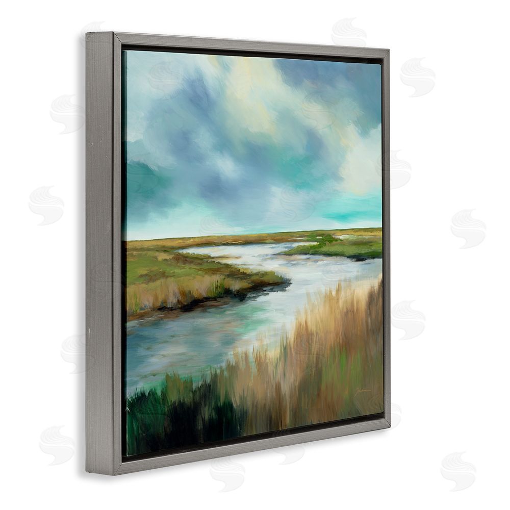 Liz Jardine Tranquil Meadow and Wetlands Gray Floating Framed Canvas Wall Art Print