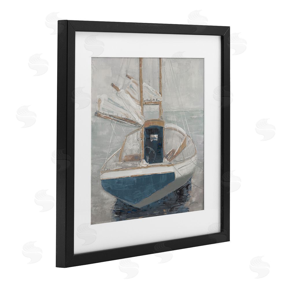 John Burrows Serene Harbor Sail Boat Black Framed Print Under Glass with White Mat Wall Art
