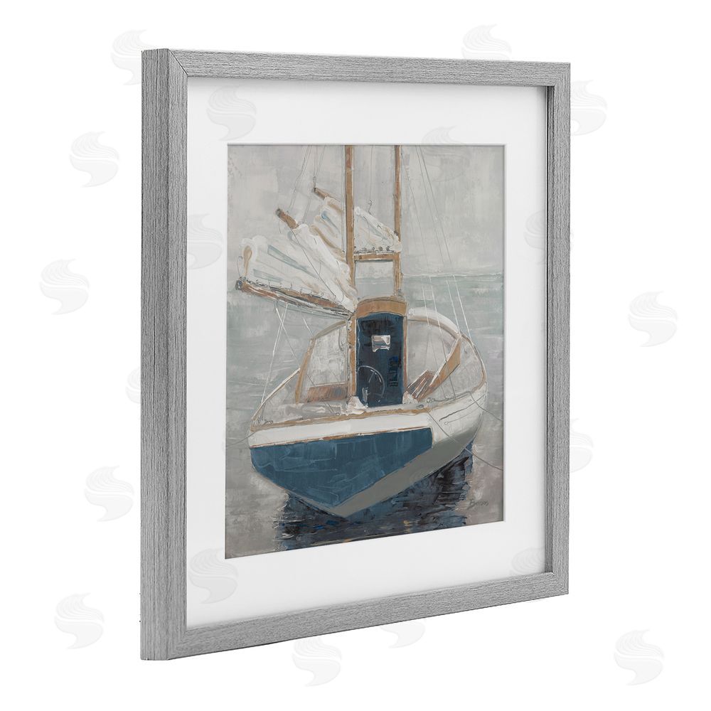 John Burrows Serene Harbor Sail Boat Gray Framed Print Under Glass with White Mat Wall Art
