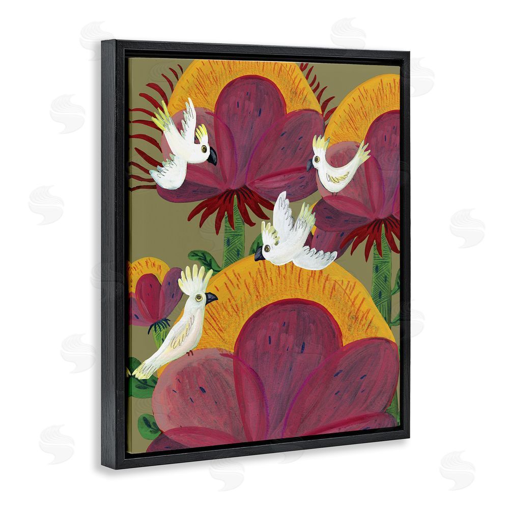 Kay Widdowson Tropical Cockatoos & Plants Black Floating Frame Canvas Wall Art Print