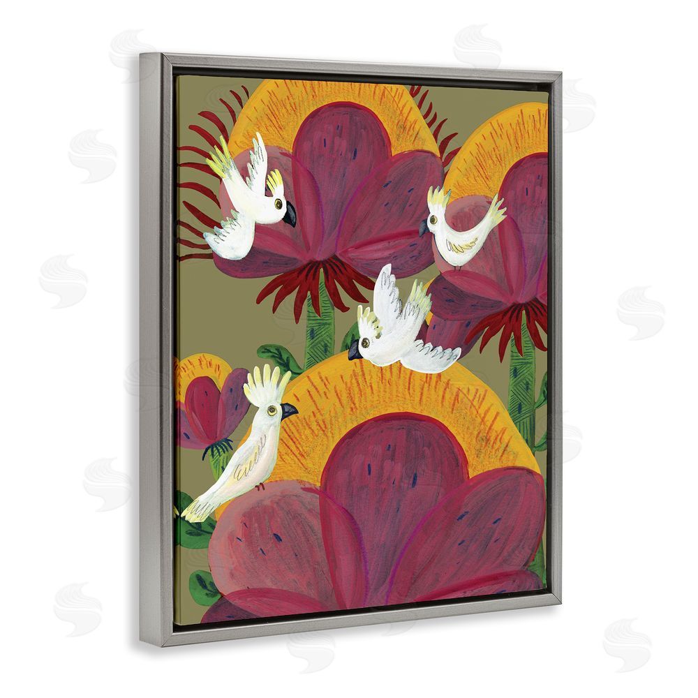 Kay Widdowson Tropical Cockatoos & Plants Gray Floating Frame Canvas Wall Art Print