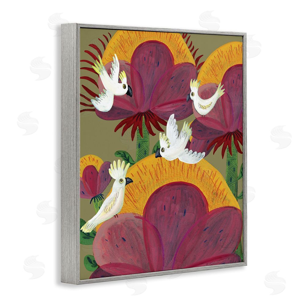 Kay Widdowson Tropical Cockatoos & Plants Gray Framed Giclee Wall Art Print