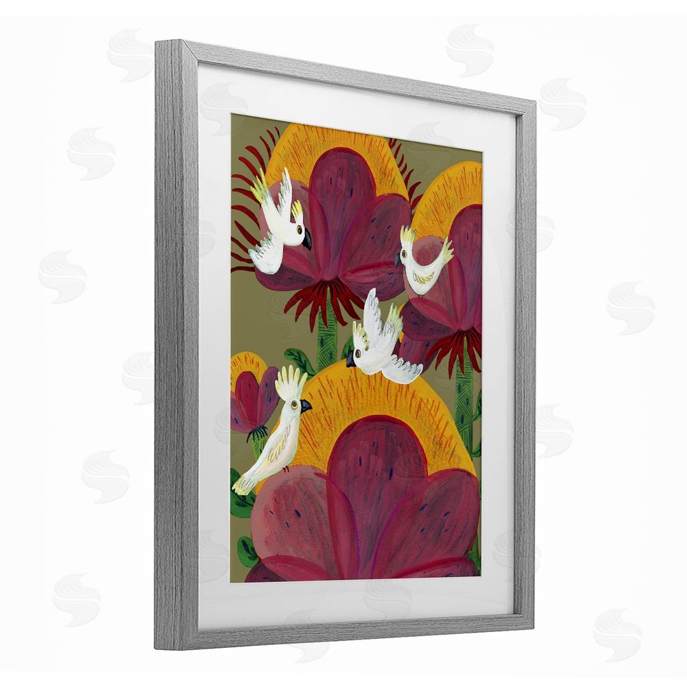 Kay Widdowson Tropical Cockatoos & Plants Gray Framed Print Under Glass Wall Art