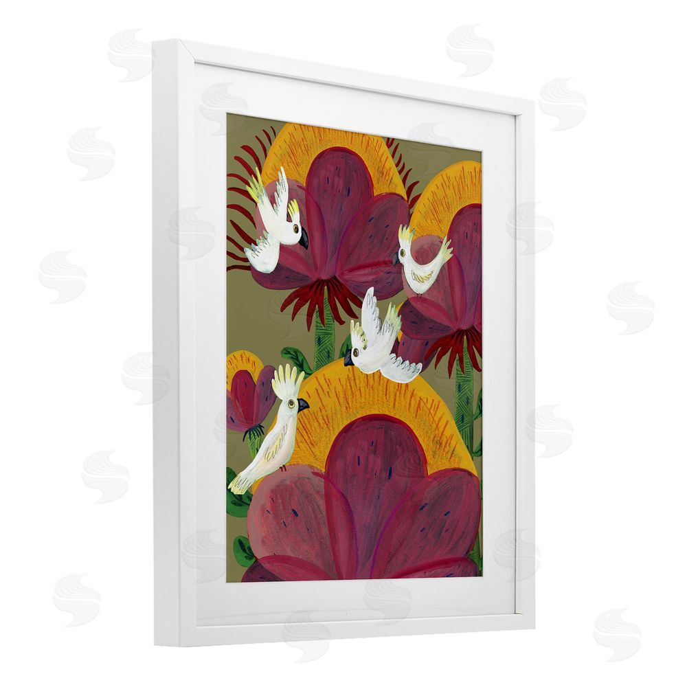 Kay Widdowson Tropical Cockatoos & Plants White Framed Print Under Glass Wall Art