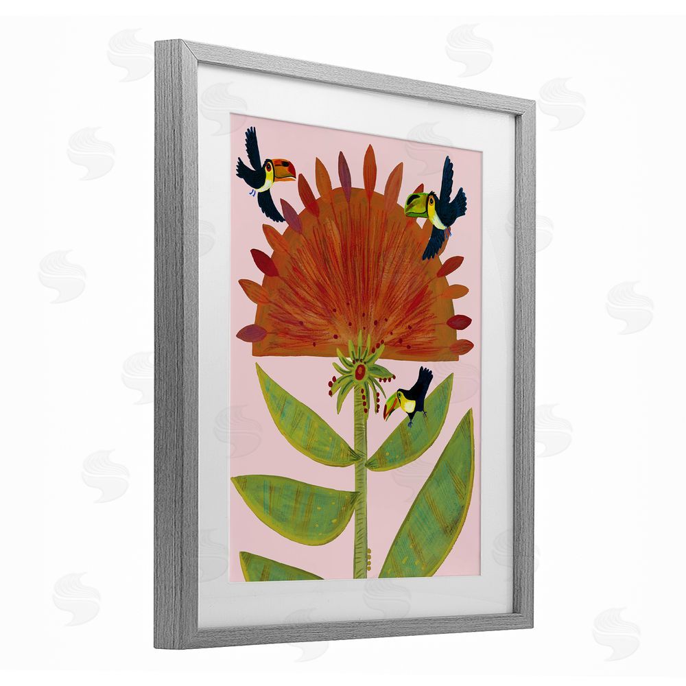 Kay Widdowson Tropical Plant & Toucans Gray Framed Print Under Glass Wall Art