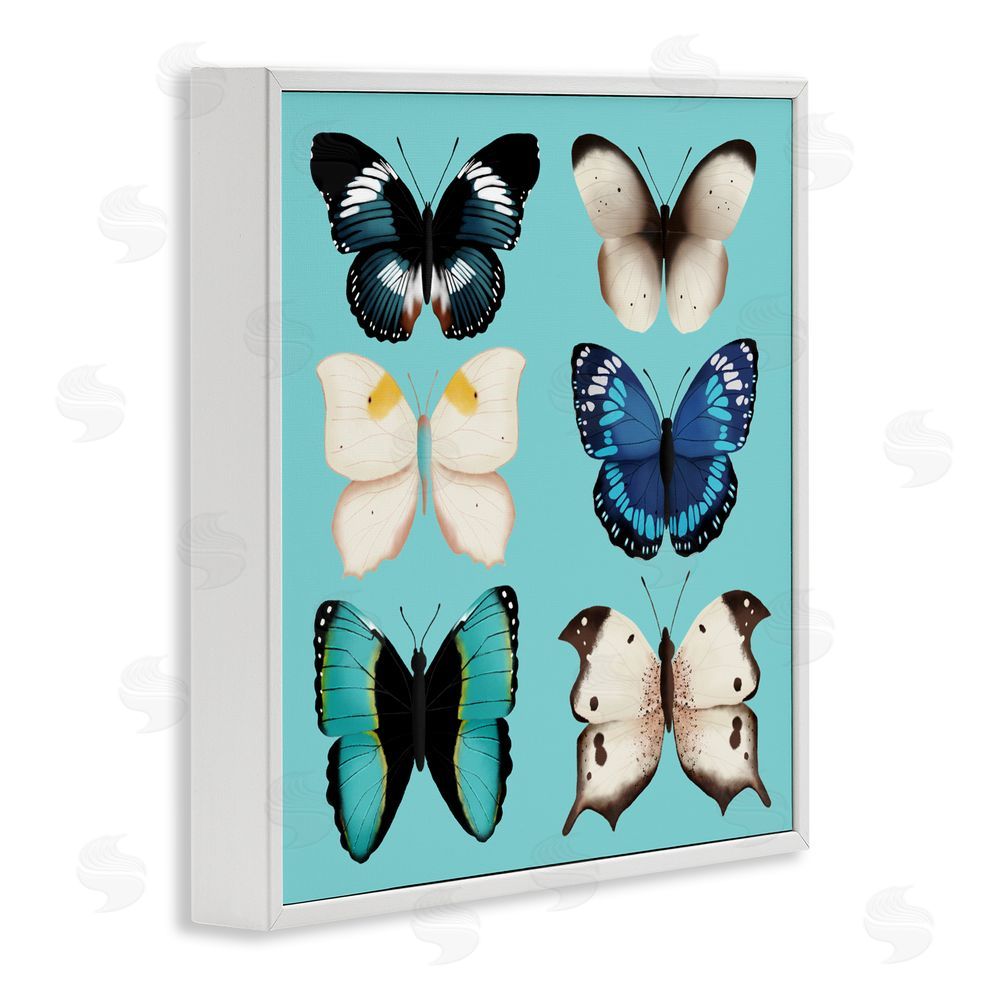 Metka Hiti Six Diverse Butterflies on Turquoise White Framed Giclee Wall Art Print