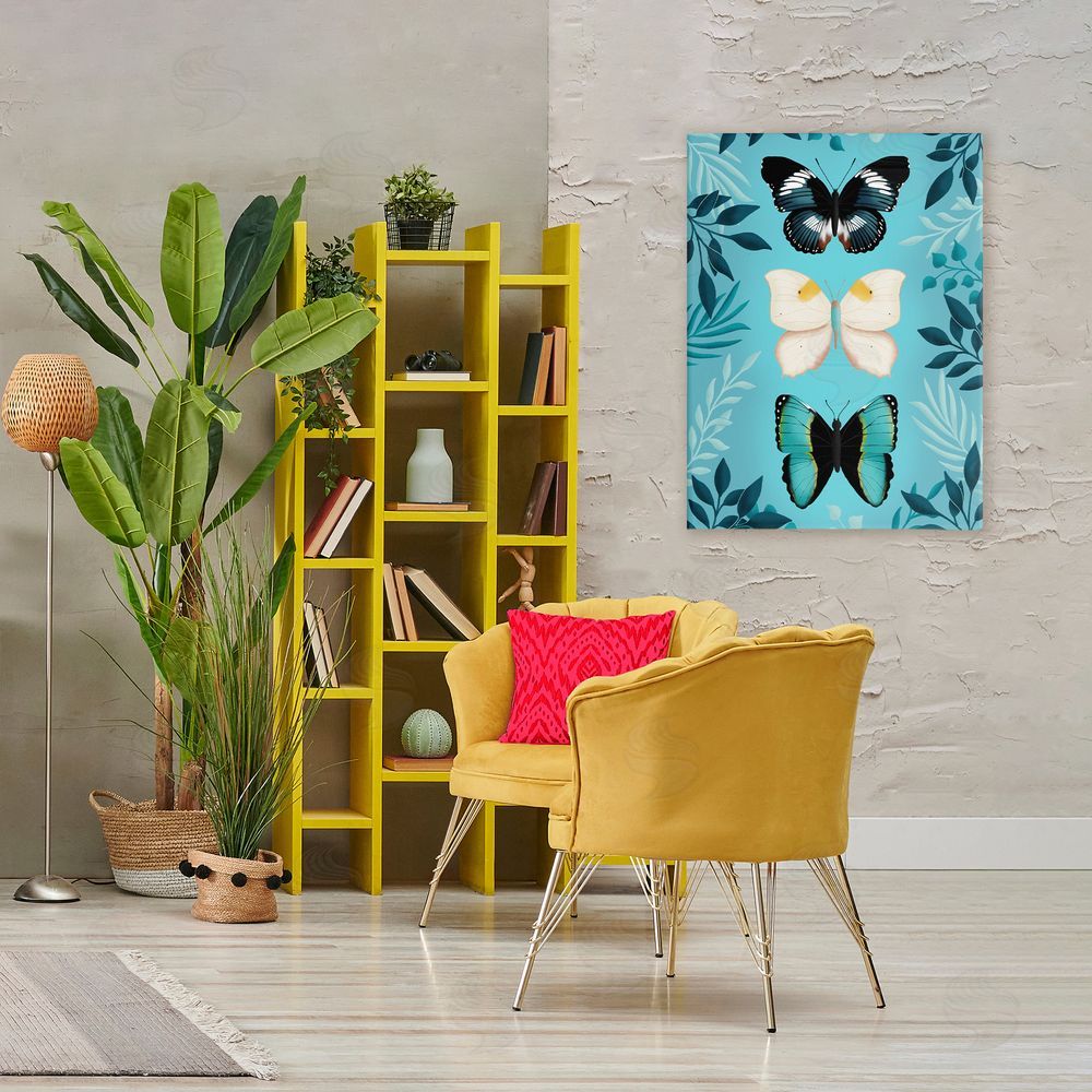 Metka Hiti Three Exotic Blue Butterflies Stretched Canvas Wall Art Print in Room