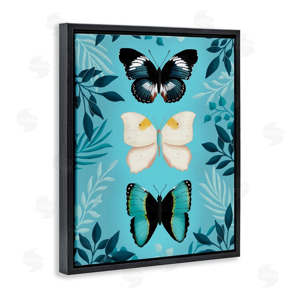 Metka Hiti Three Exotic Blue Butterflies Black Floating Frame Canvas Wall Art Print