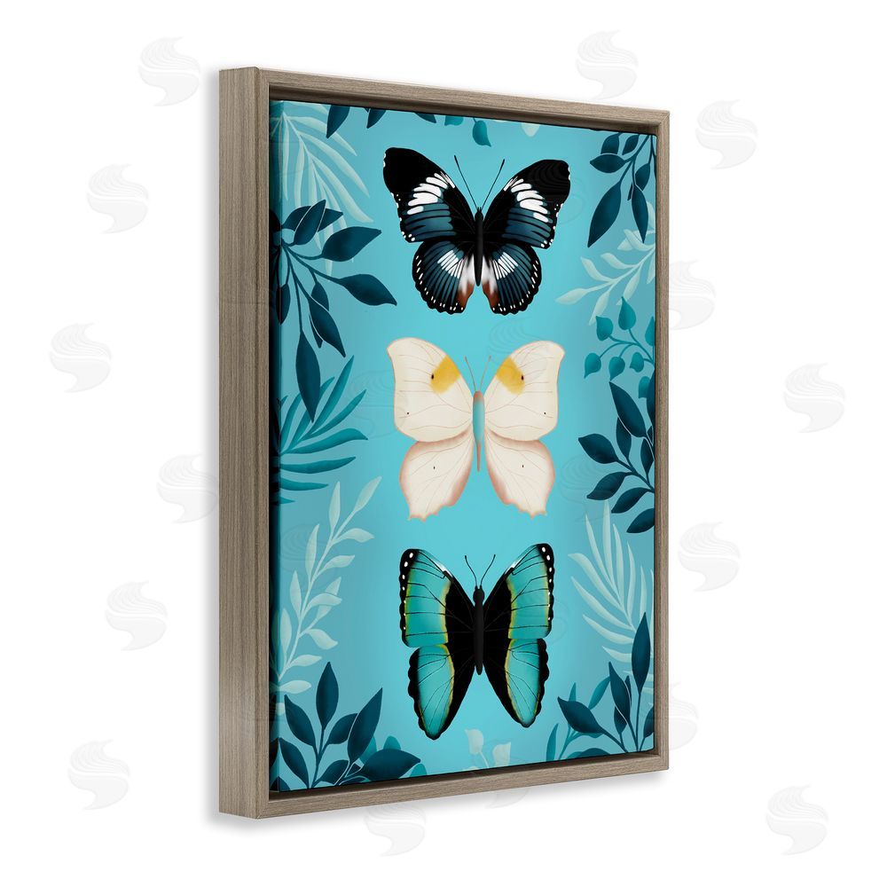 Metka Hiti Three Exotic Blue Butterflies Brown Floating Frame Canvas Wall Art Print