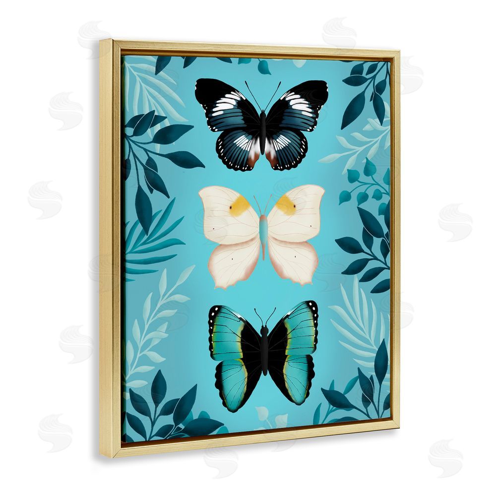 Metka Hiti Three Exotic Blue Butterflies Gold Floating Frame Canvas Wall Art Print