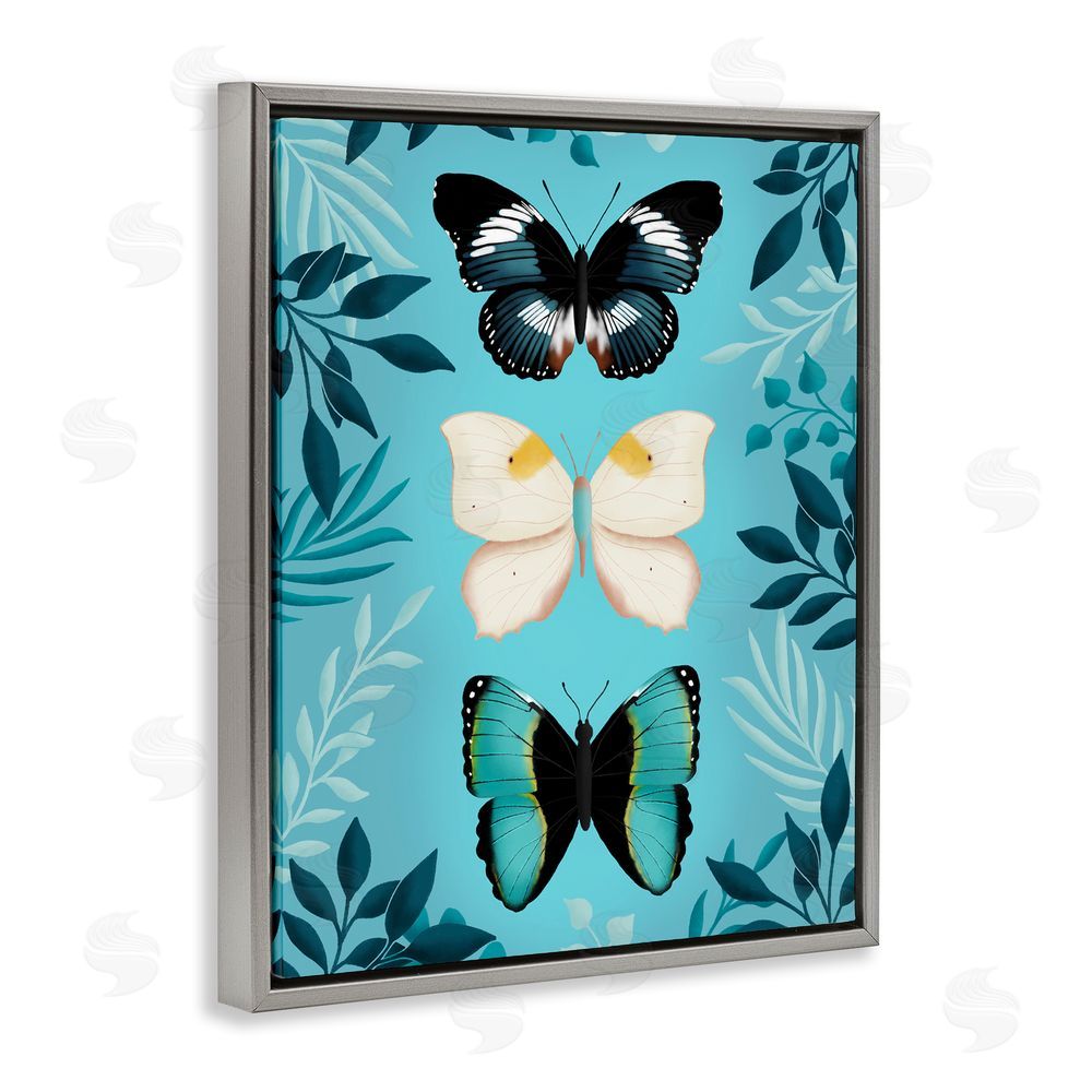 Metka Hiti Three Exotic Blue Butterflies Gray Floating Frame Canvas Wall Art Print