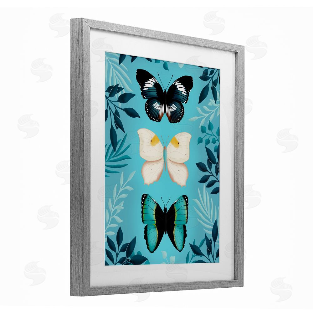 Metka Hiti Three Exotic Blue Butterflies Gray Framed Print Under Glass Wall Art