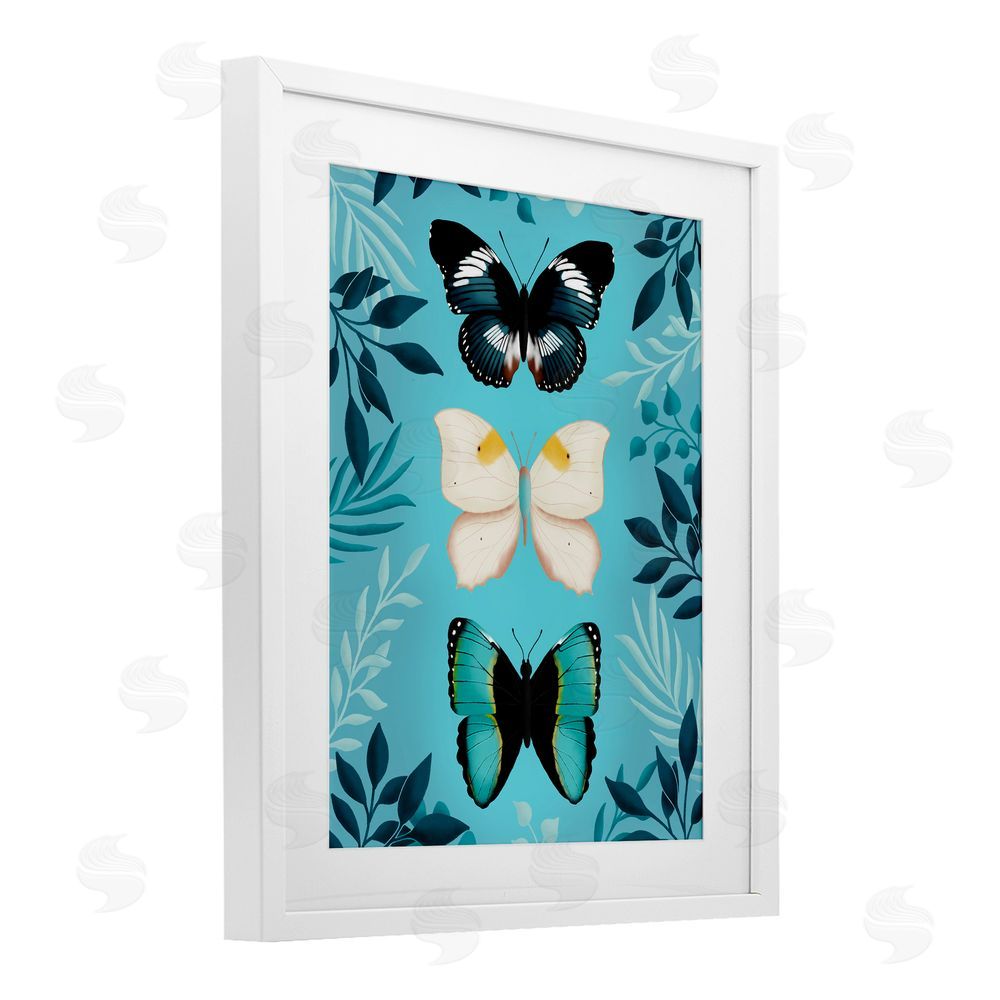 Metka Hiti Three Exotic Blue Butterflies White Framed Print Under Glass Wall Art
