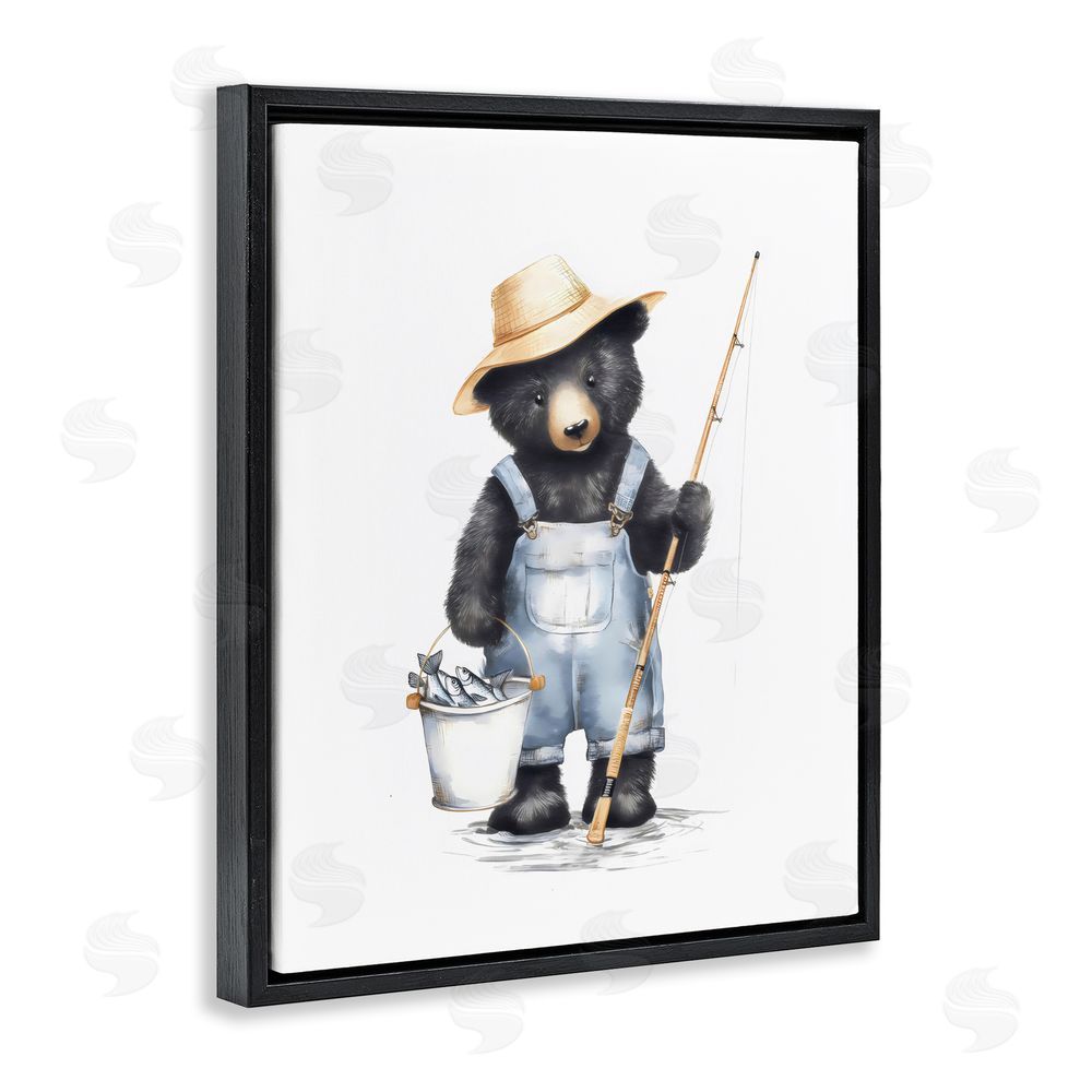 Arlington Prints Fishing Bear in Straw Hat Black Floating Framed Canvas Wall Art