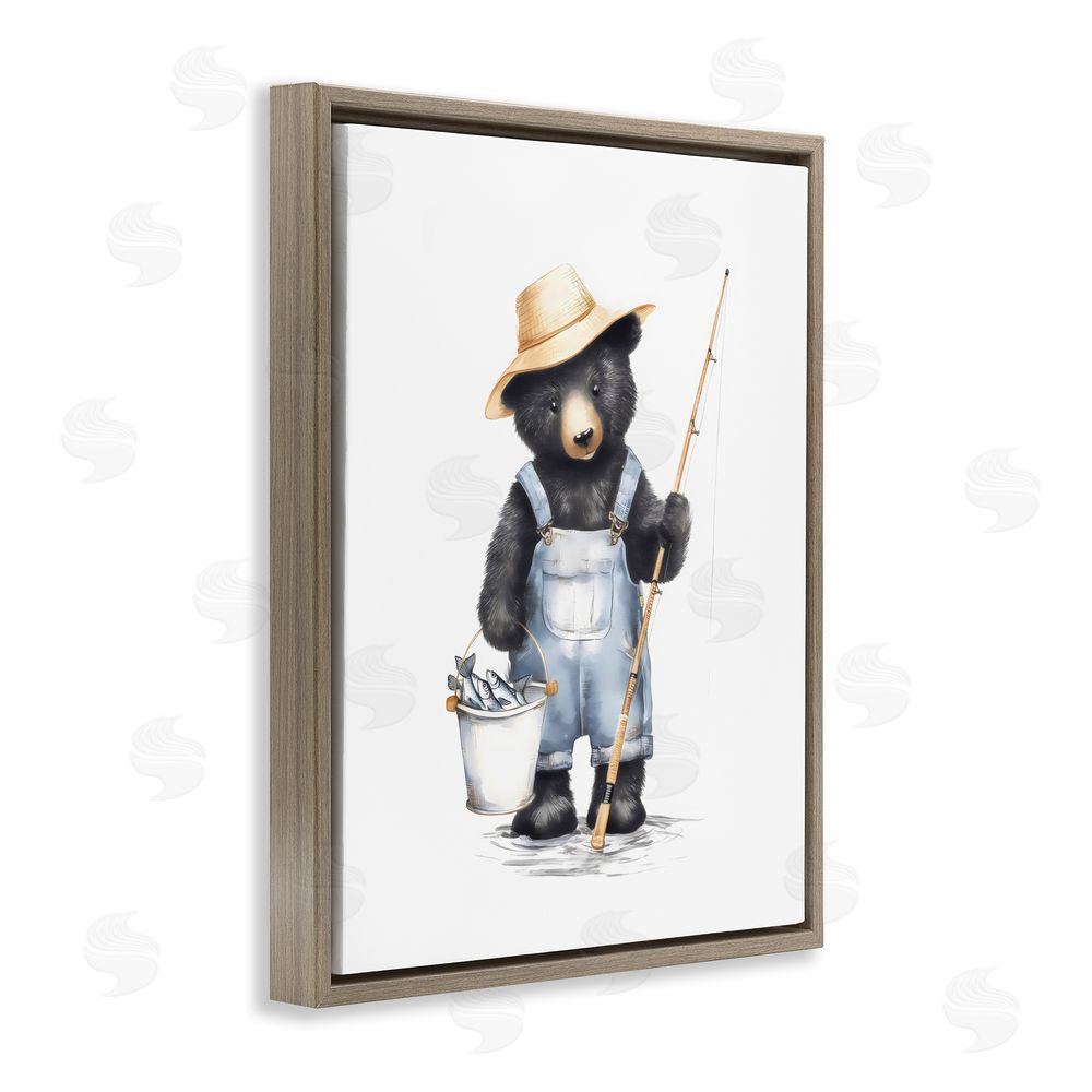 Arlington Prints Fishing Bear in Straw Hat Brown Floating Framed Canvas Wall Art