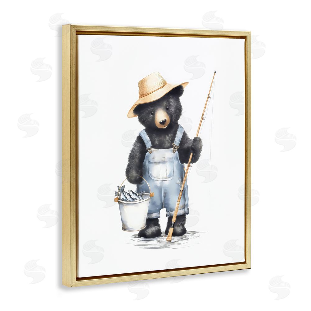 Arlington Prints Fishing Bear in Straw Hat Gold Floating Framed Canvas Wall Art