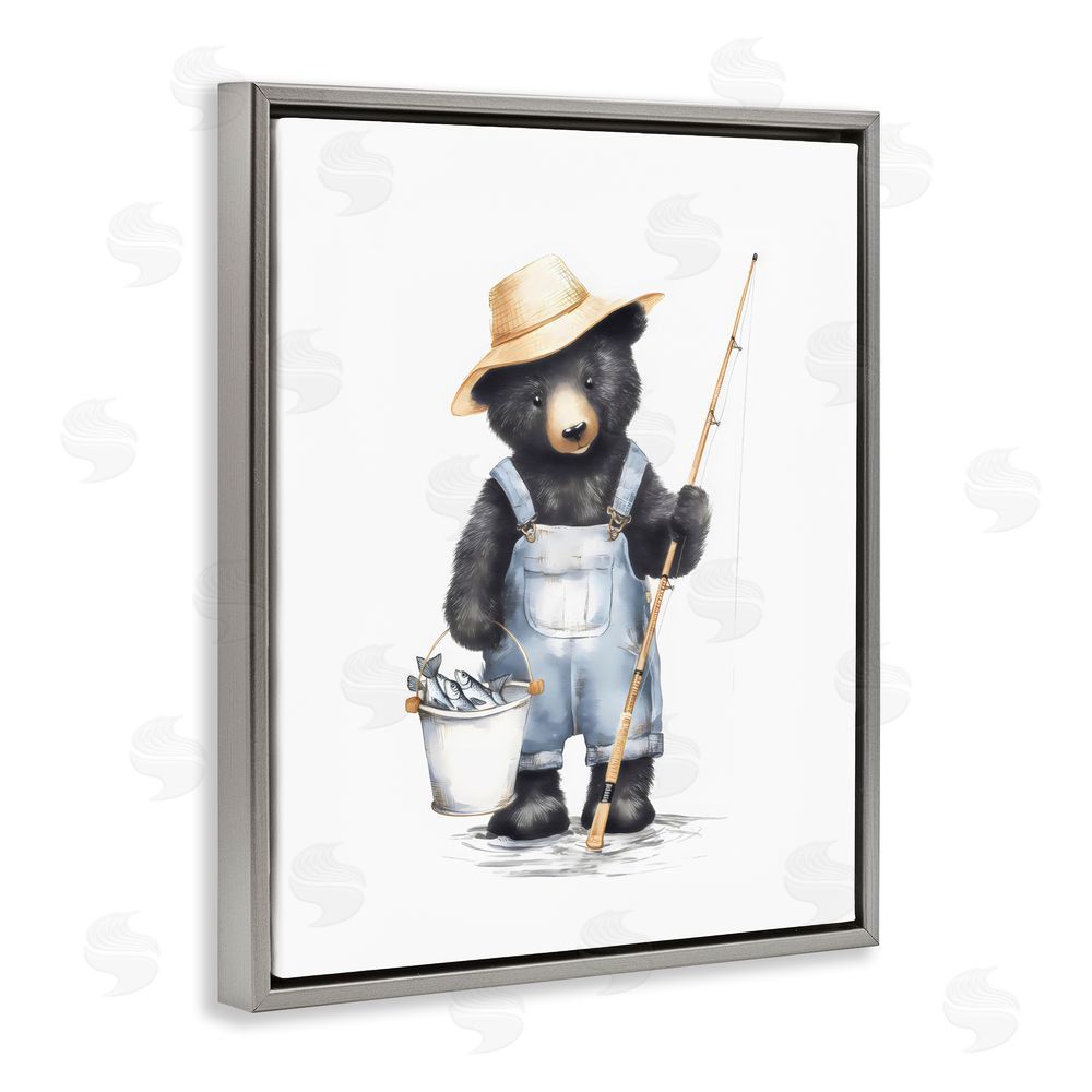 Arlington Prints Fishing Bear in Straw Hat Gray Floating Framed Canvas Wall Art