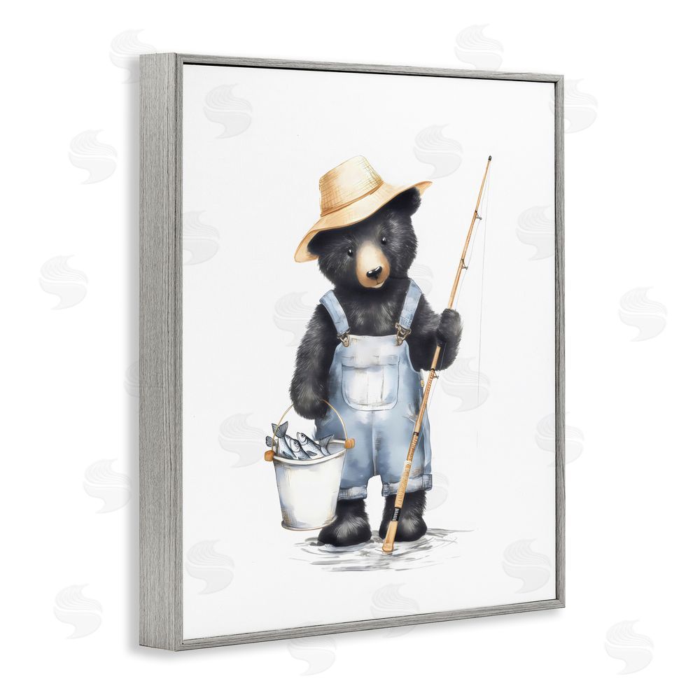 Arlington Prints Fishing Bear in Straw Hat Gray Framed Giclee Wall Art
