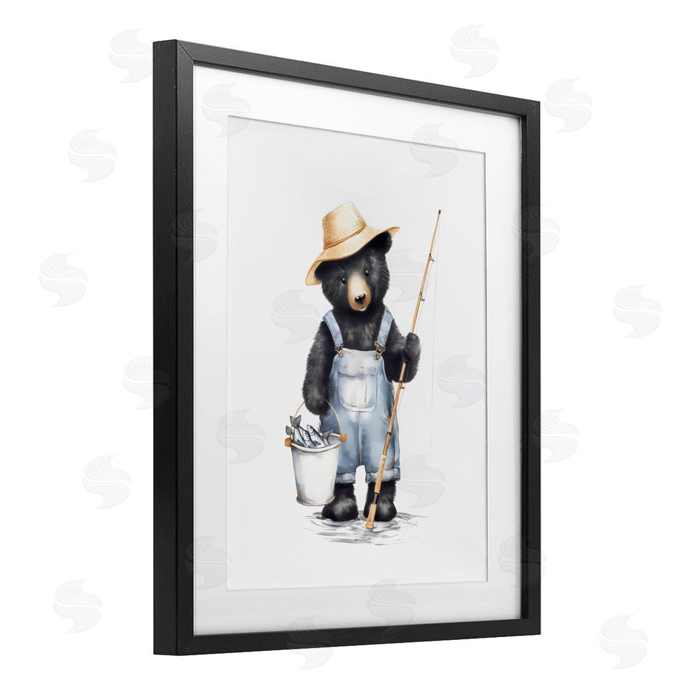 Arlington Prints Fishing Bear in Straw Hat Black Framed Print Under Glass Wall Art