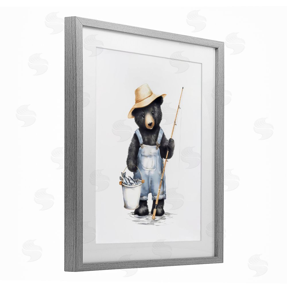 Arlington Prints Fishing Bear in Straw Hat Gray Framed Print Under Glass Wall Art