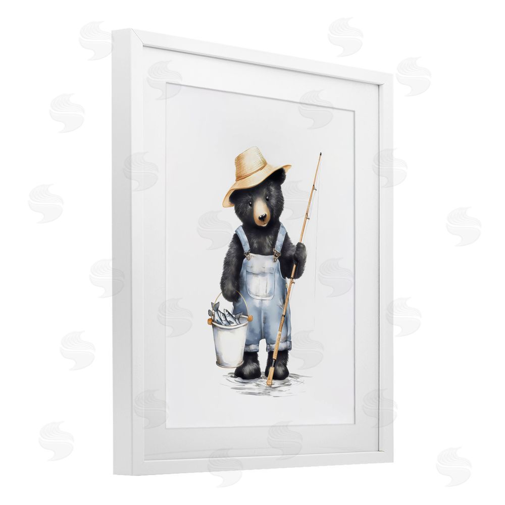 Arlington Prints Fishing Bear in Straw Hat White Framed Print Under Glass Wall Art