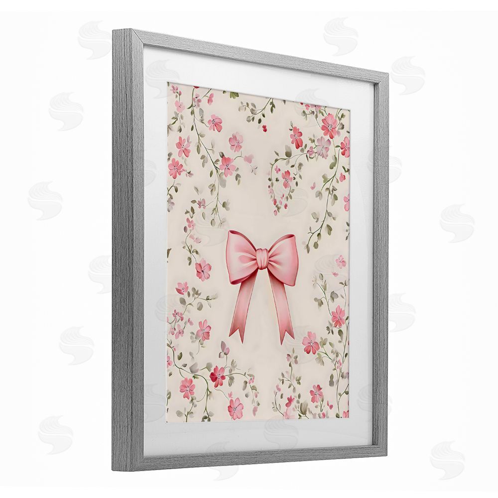 Arlington Prints Girly Ribbon Bow Gray Framed Print Under Glass with Mat Wall Art